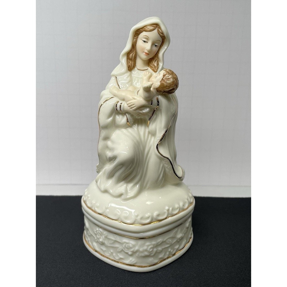 Mary Mother and Child Baby Jesus Porcelain Figurine Trinket Box with Gold Trim‎